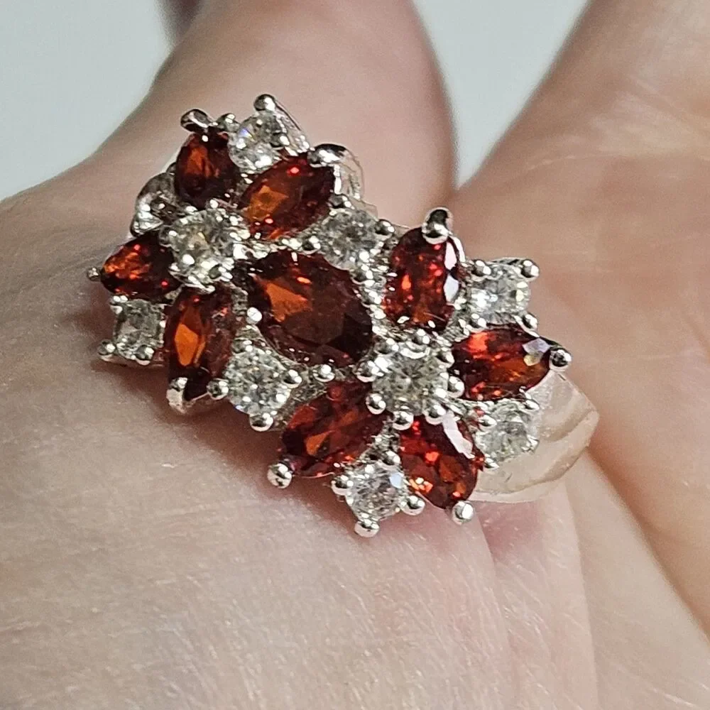 Sterling Silver Orange & Clear Rhinestone Flower Ring Sz 7.5